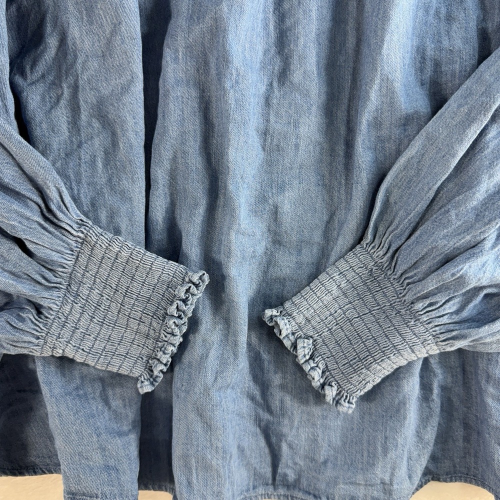 Old Navy Plus 4X Poet Blouse‎ Puff Sleeve Non Stretch Jean Ruffle Trimmed Boho - Picture 4 of 13